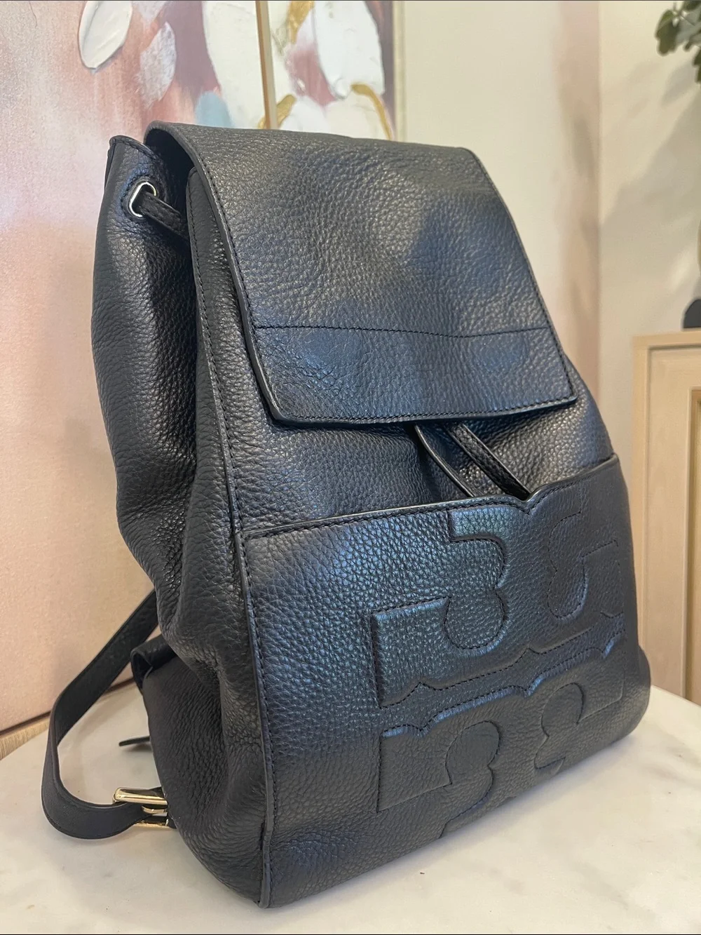 Tory Burch Black Leather Bombe T-Flap Backpack